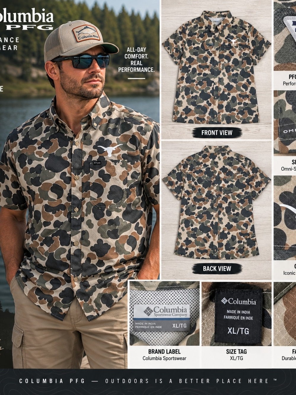 Columbia PFG Texas Longhorns Shirt Mens XL Camo Fishing NCAA Football NWT